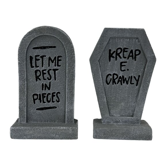Set Of 2 Miniature Tombstone Decorations Hilarious Epitaphs Kreap E Crawly 5" - Picture 1 of 10